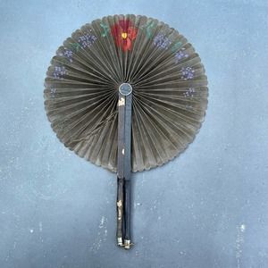 Vintage 1940s Brown Wood & Paper Decorative Fan Floral
